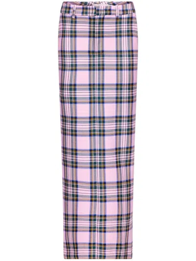 Area Checked Wool Midi Skirt In Pink