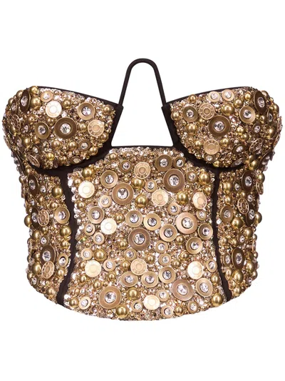 Area Cropped Crystal-embellished Ponte Bustier Top In Black/gold