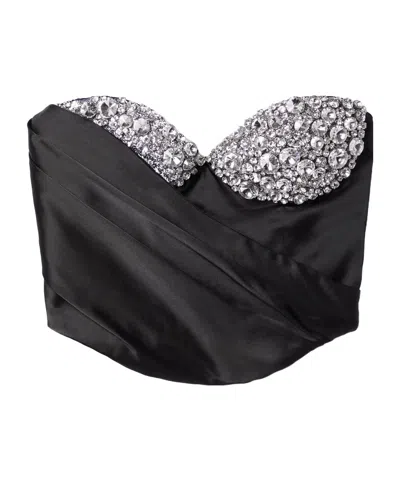 Area Cropped Crystal-embellished Draped Satin Bustier Top In Black