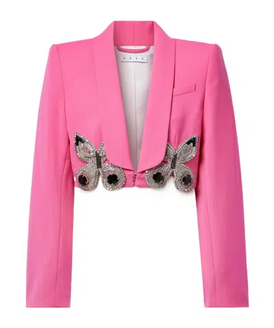 Area Cropped Crystal-embellished Wool-blend Crepe Blazer In Pink