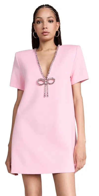 Area Crystal Bow V Neck T-shirt Dress In Pale Pink