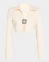 Area Off-white Crystal Brooch Cropped Jacket In Whipped White