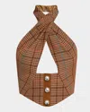 Area Crystal-button Check Crop Halter Top In Caramel Multi