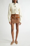Area Crystal Button Check Miniskirt In Caramel Multi