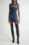 Area Crystal Button Studded Slit Denim Mini Dress In Dark Blue
