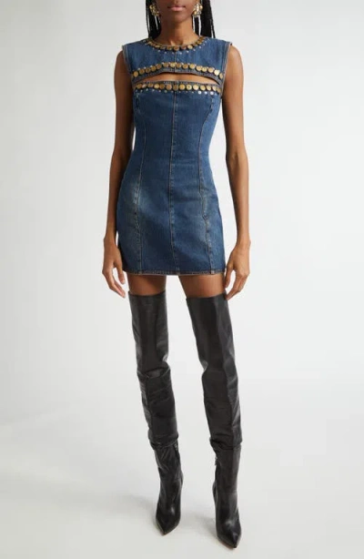 Area Crystal Button Studded Slit Denim Mini Dress In Blue