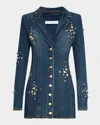 Area Crystal Button Studded Long Sleeve Denim Blazer Minidress In Dark Blue Wash