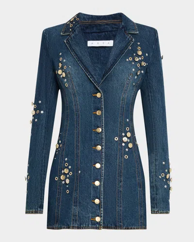 AREA CRYSTAL BUTTON STUDDED DENIM MINI BLAZER DRESS