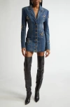Area Crystal Button Studded Long Sleeve Denim Blazer Minidress In Dark Blue