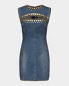 Area Crystal Button Studded Slit Denim Mini Dress In Dark Blue Wash