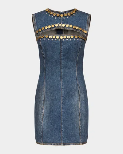 Area Crystal Button Studded Slit Denim Mini Dress In Blue