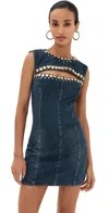 Area Crystal Button Studded Slit Denim Mini Dress In Dark Blue Wash