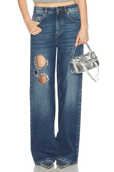 Area Crystal Chain Cutout Relaxed Leg In Blue