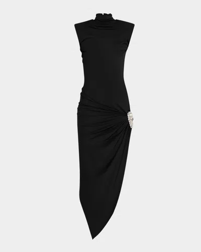 Area Asymmetric Embellished Jersey Midi Dress In Black