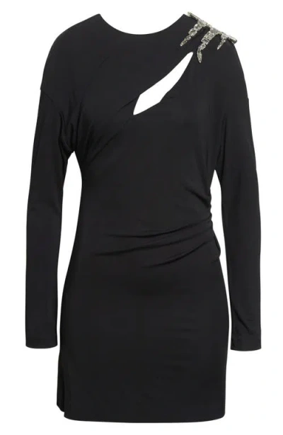 AREA AREA CRYSTAL CLUSTER DRAPED LONG SLEEVE JERSEY MINIDRESS
