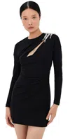 Area Crystal Cluster Draped Long Sleeve Jersey Minidress In Black