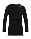 Area Crystal Cluster Draped Long Sleeve Jersey Minidress In Black