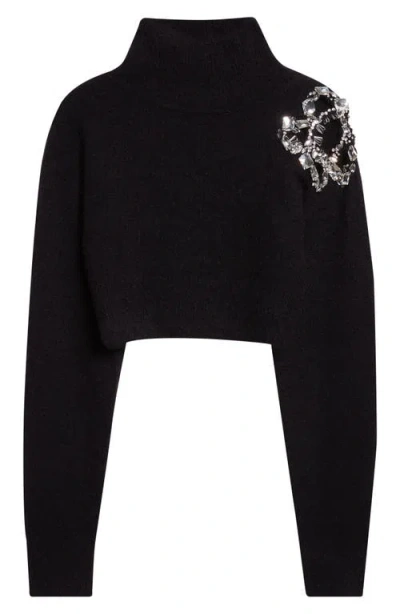 Area Crystal Cluster Flower Crop Alpaca & Wool Blend Sweater In Black