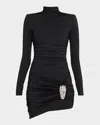 Area Crystal Cluster Ruched Turtleneck Mini Dress In Black