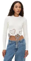 Area Crystal Crocheted Flower Cropped Sweater In White