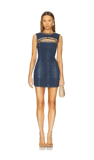 Area Crystal Button Studded Slit Denim Mini Dress In Blue