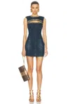 Area Crystal Button Studded Slit Denim Mini Dress In Dark Blue
