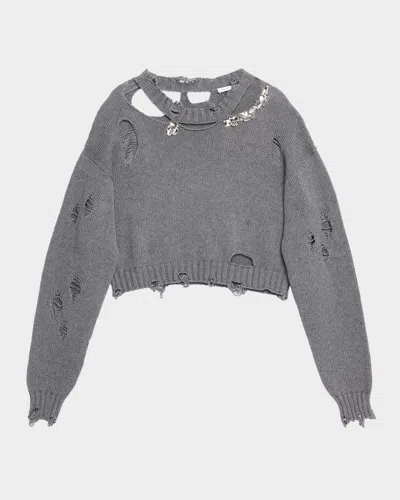 AREA CRYSTAL DISTRESSED CROP CASHMERE SWEATER