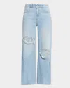 Area Distressed Crystal High Rise Relaxed Jeans In Medium Blue In Blue