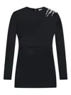 Area Crystal Cluster Draped Long Sleeve Jersey Minidress In Black