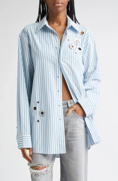 Area Crystal Embellished & Grommet Stripe Poplin Button-up Shirt In Blue