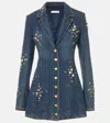 Area Crystal Button Studded Long Sleeve Denim Blazer Minidress In Blau