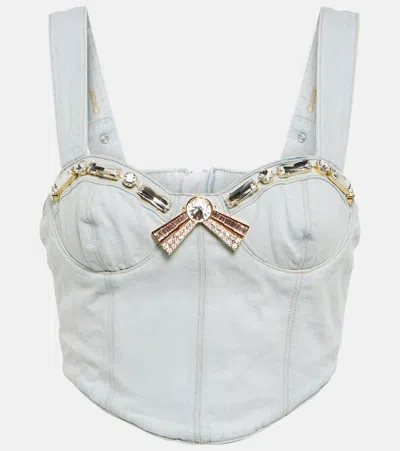 Area Crystal Trim Denim Bustier Top In Pale Blue