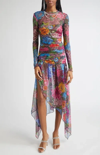 Area Crystal Embellished Floral Long Sleeve Tulle Midi Dress In Multi