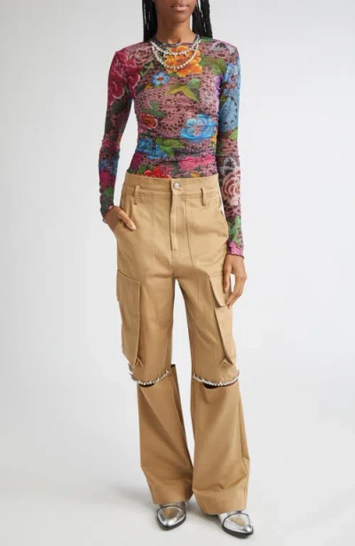 Area Crystal Embellished Floral Tulle Top In Multi