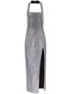 Area Crystal Embellished Halter Slit Gown In Grey