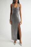 Area Crystal Embellished Halter Slit Gown In Black/silver