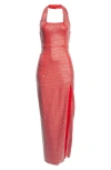 Area Crystal Embellished Halter Gown In Carmine