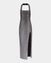 Area Crystal Embellished Halter Slit Gown In Black