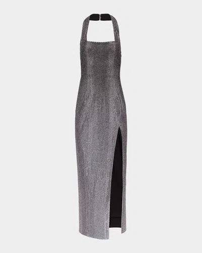Area Crystal Embellished Halter Slit Gown In Black/silver