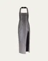 Area Crystal Embellished Halter Slit Gown In Black