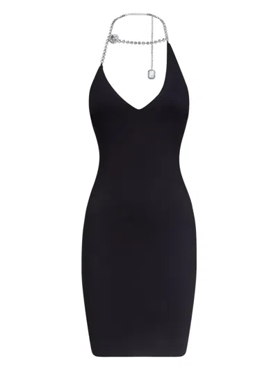 Area Crystal Halter Neck Ponte Knit Minidress In Black