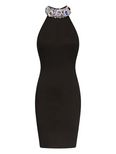 Area Crystal Gemstone Cluster Halter Mini Dress Black