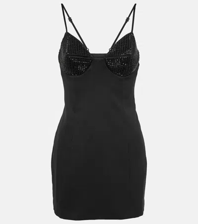 Area Crystal Embellished Cup Stretch Wool Minidress In Black