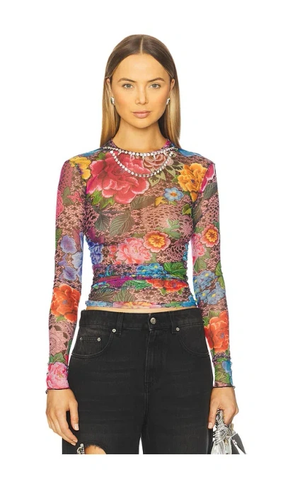 Area Crystal Embellished Printed Tulle Long Sleeve Top In Multi
