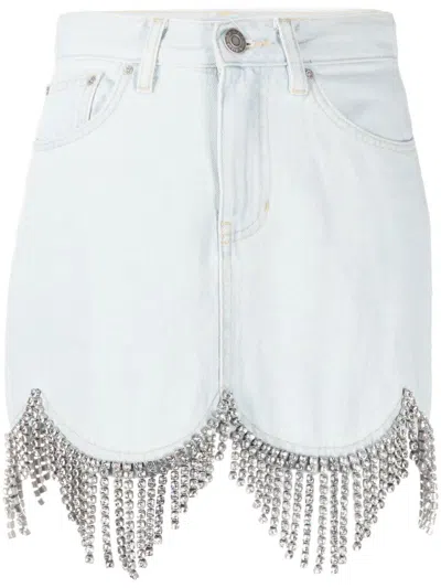 Area Scalloped Crystal-fringe Denim Mini Skirt In Pale Blue