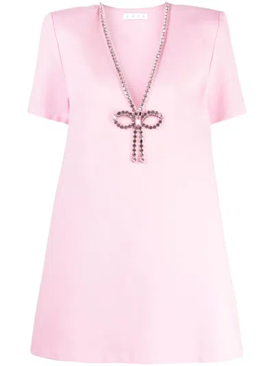 Area Crystal Bow V Neck T-shirt Dress In Pale Pink