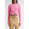 Area Crystal Flower & Crochet Heart Appliqué Crop Rib Sweater In Pink