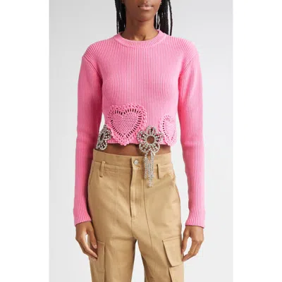 Area Crystal Flower & Crochet Heart Appliqué Crop Rib Sweater In Pink