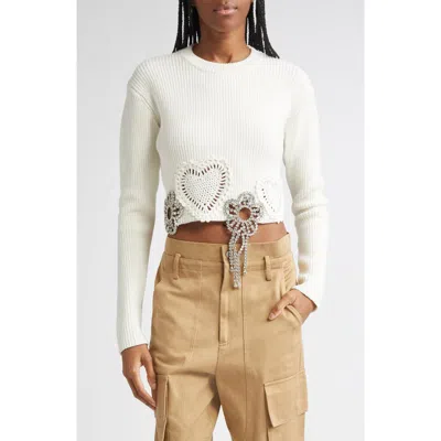 AREA AREA CRYSTAL FLOWER & CROCHET HEART APPLIQUÉ CROP RIB SWEATER