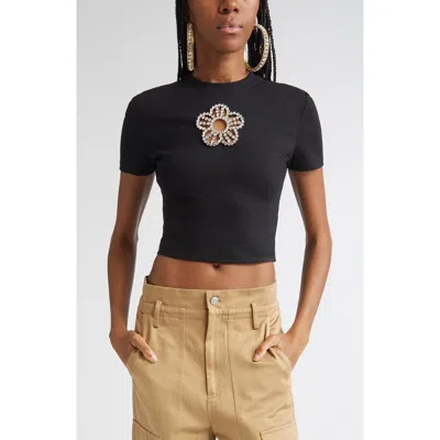Area Crystal Flower Cutout Crop T-shirt In Black